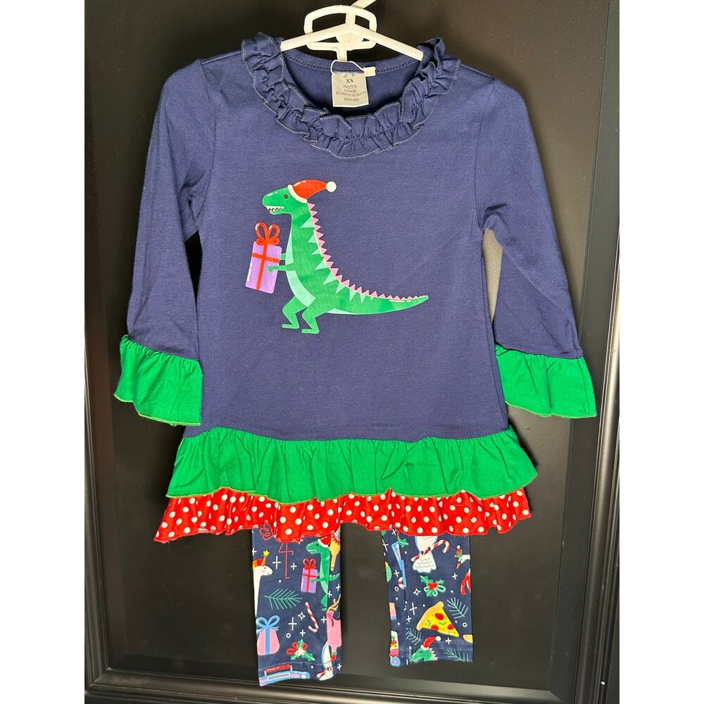 NWT Boutique Baby Girls 12/18m 2pc Christmas Ruffle Outfit Dino Unicorn Giraffe